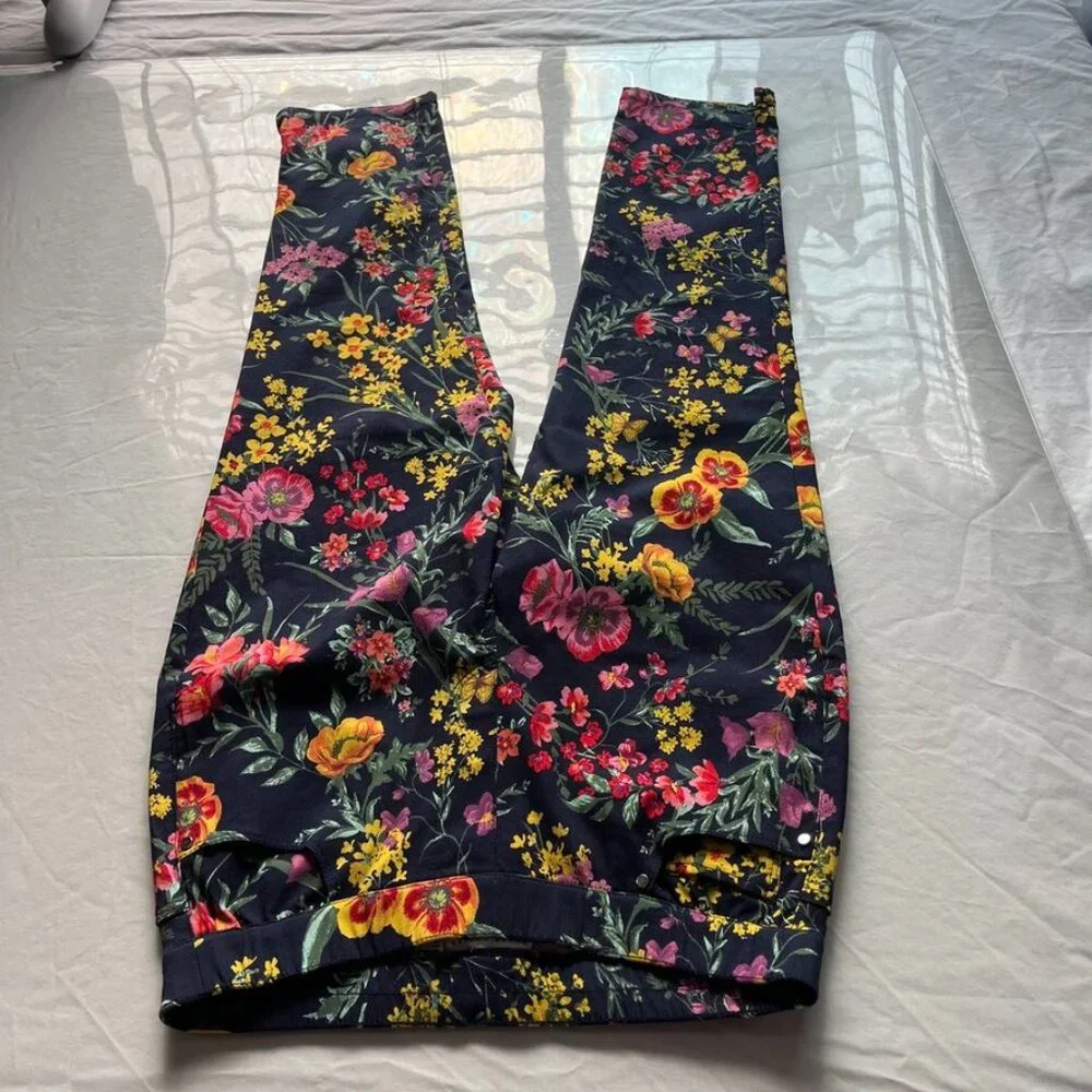 Susan Graver Floral Stretch Pull-On Pants Navy Multi Size 4
